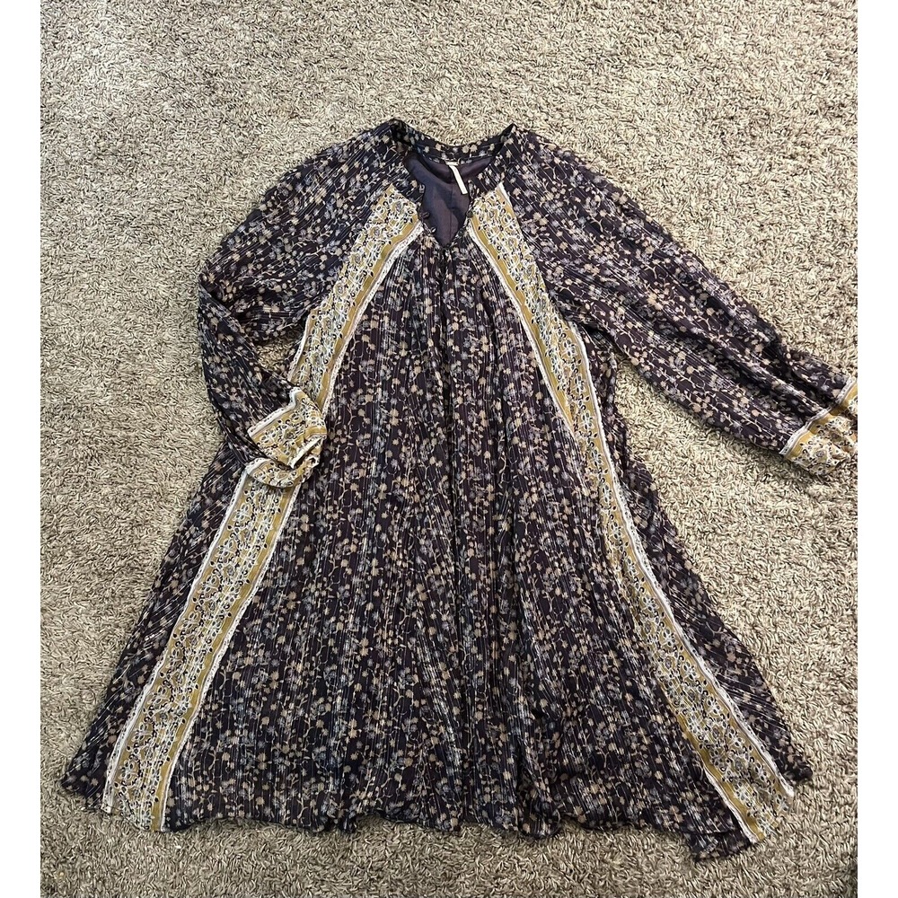 Free People Free Swinging Mini Dress Black Gold Floral Size M Medium Boho
